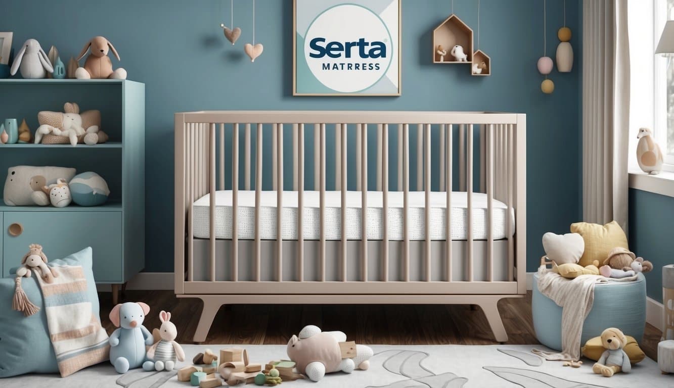 A cozy nursery with a modern crib featuring a comfortable Serta mattress, surrounded by soft toys and a calming color palette