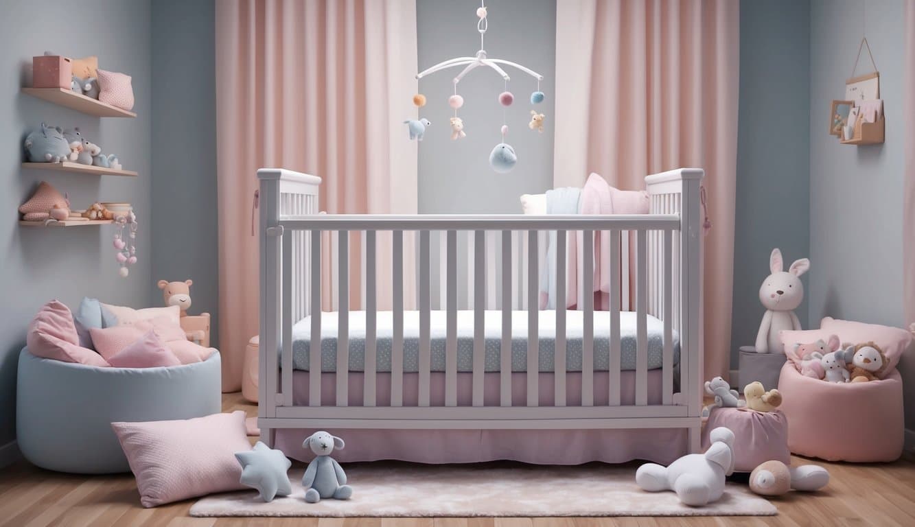 A cozy nursery with a Serta crib mattress surrounded by soft, pastel-colored bedding and plush toys. A gentle mobile hangs above, casting a soothing glow