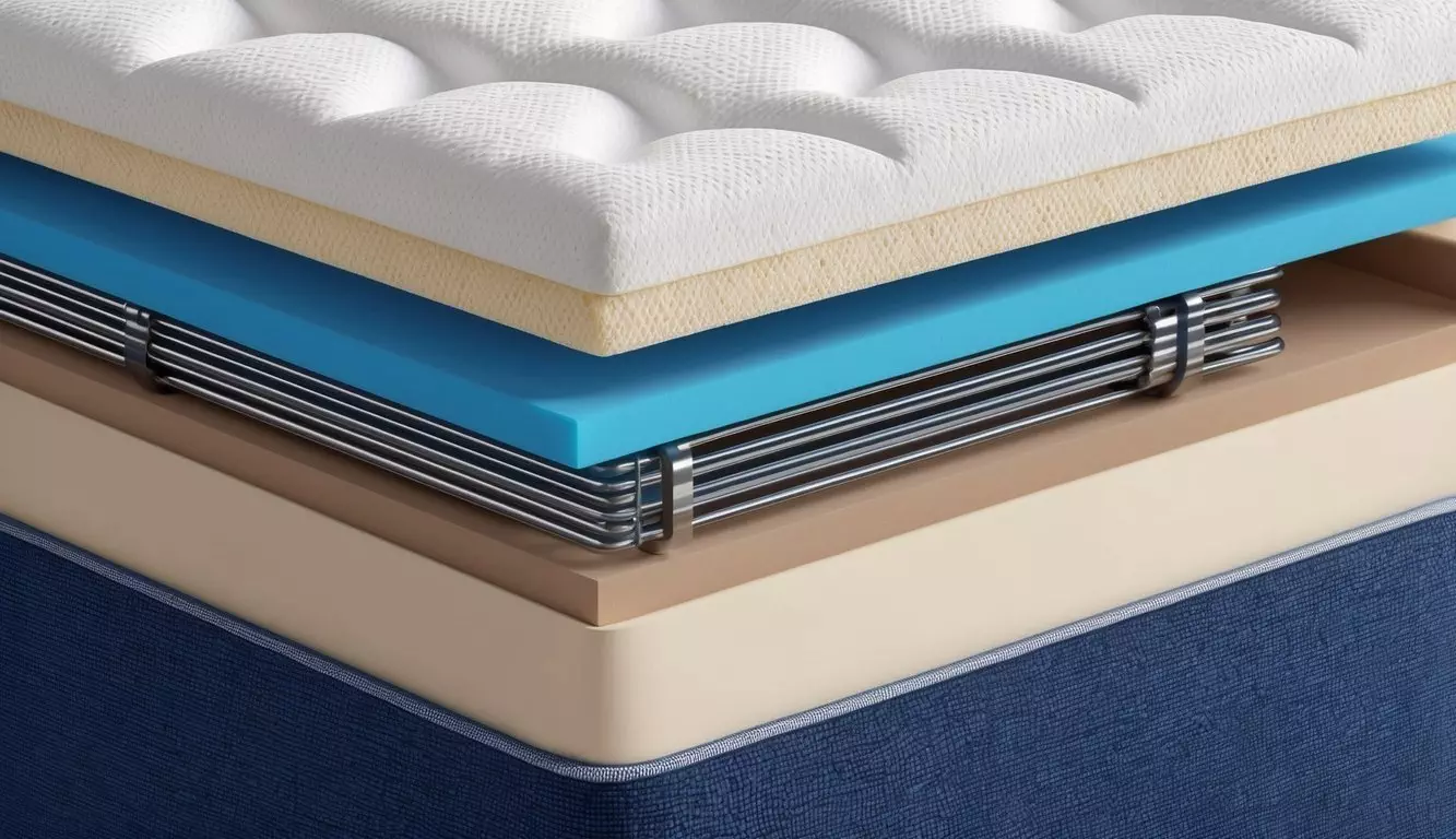 A cross-section of a Sealy mattress reveals layers of foam, coils, and fabric encasement, demonstrating the construction and materials used