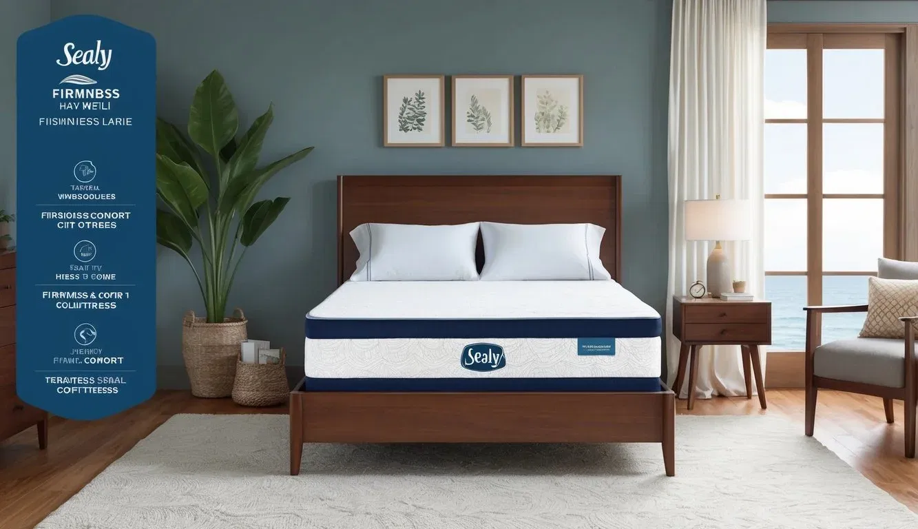 A serene bedroom with a Sealy mattress showcasing various firmness and comfort options