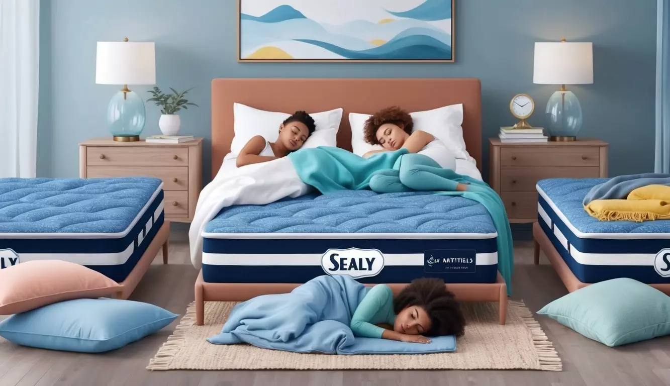 A peaceful bedroom with a variety of sleepers on Sealy mattresses, each in their preferred sleeping position, surrounded by soft pillows and cozy blankets