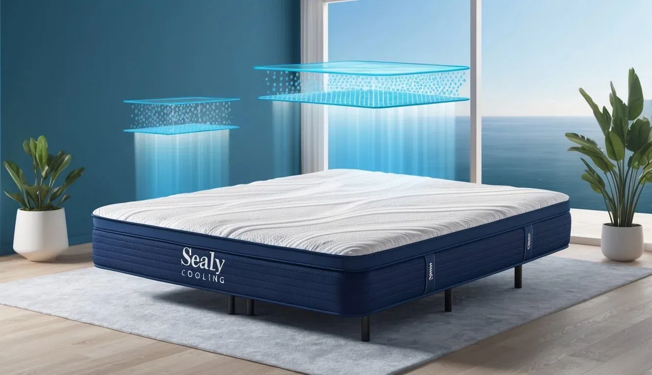 A sealy mattress with cooling technology, surrounded by a tranquil, temperature-controlled environment