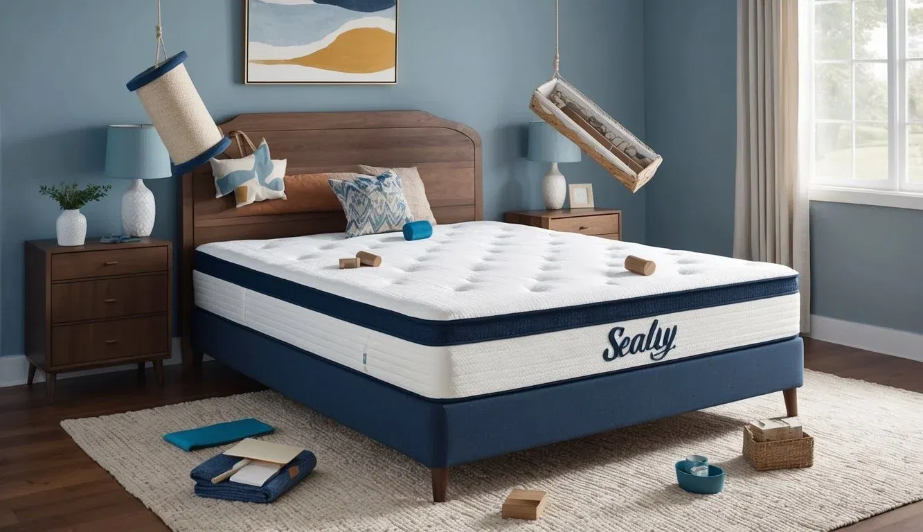 A Sealy mattress being put to the test with various objects to demonstrate its durability and ease of maintenance