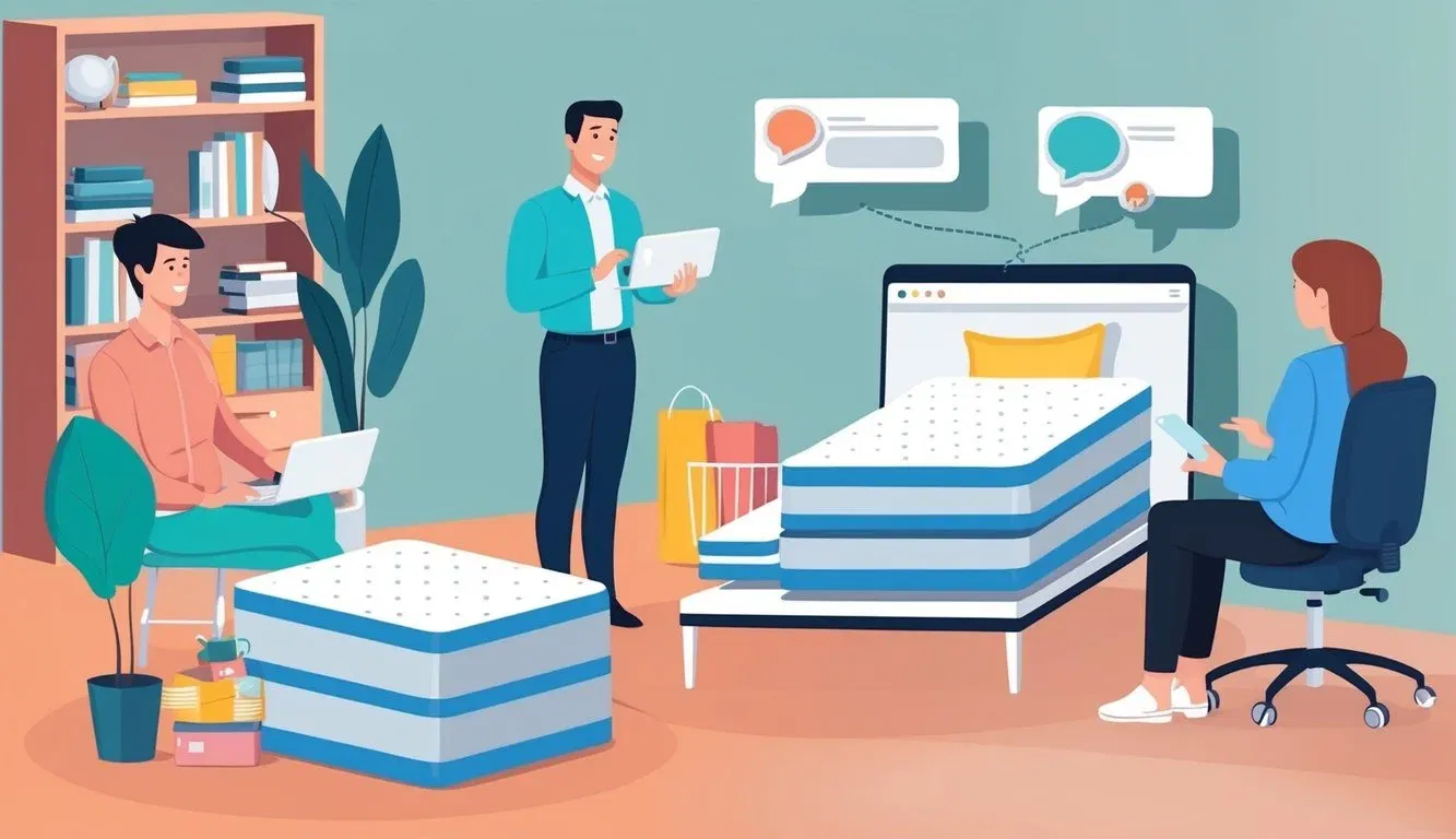 A customer browsing mattresses online, adding to cart, and receiving prompt customer service assistance via chat