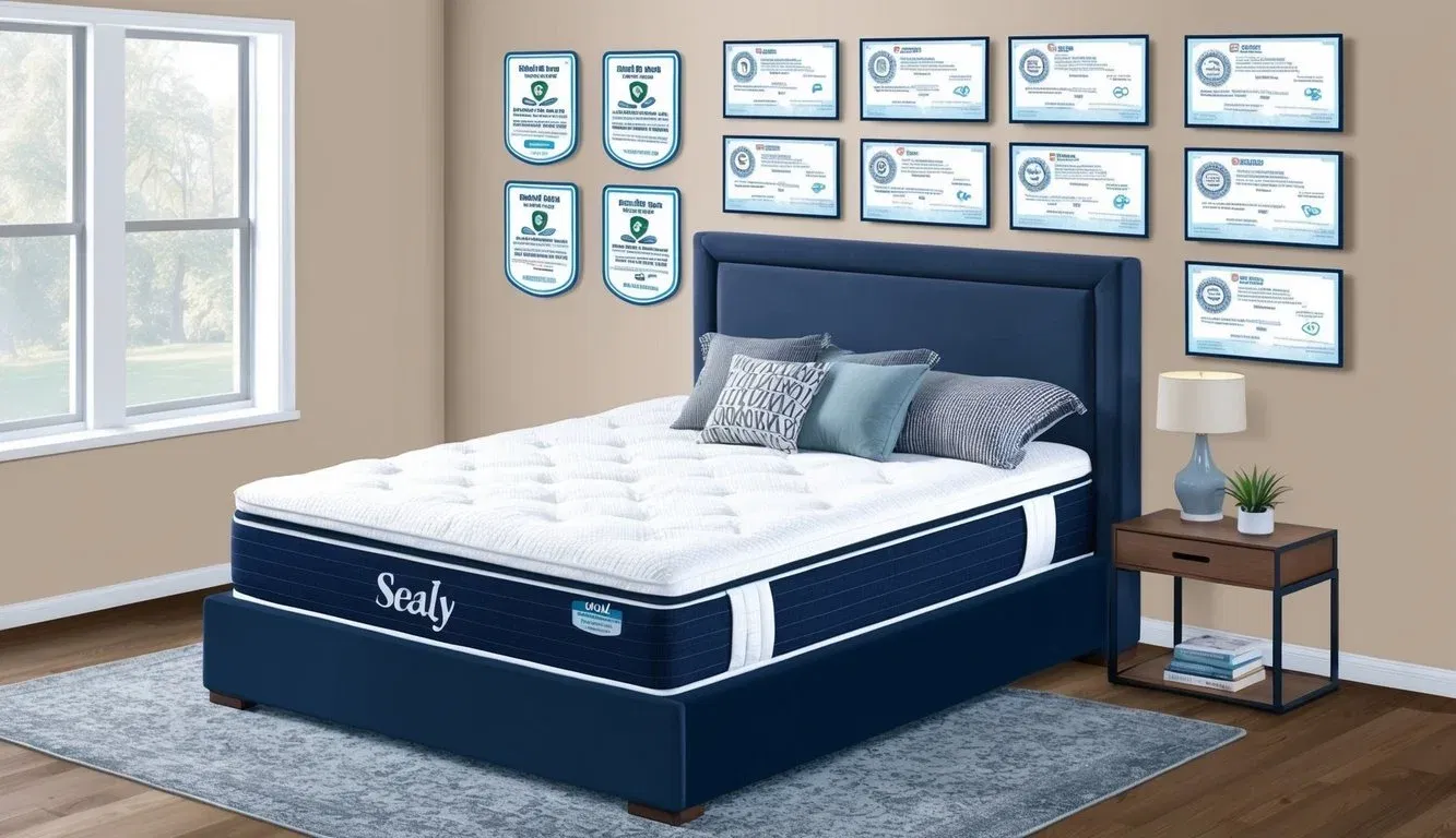 A cozy bedroom with a neatly made bed featuring a Sealy mattress, surrounded by safety certifications on the wall