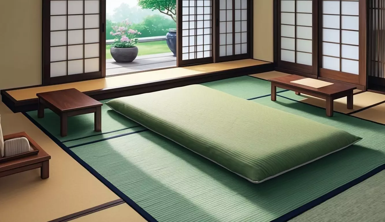 A tatami mattress lies on a traditional Japanese tatami mat, surrounded by low wooden furniture and shoji screens, with a serene garden visible through the open sliding doors