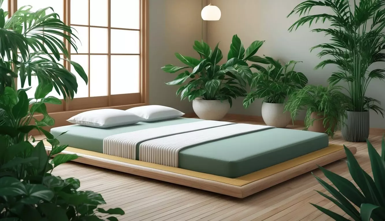 A serene bedroom with a tatami mattress placed on a wooden floor, surrounded by lush green plants and soft natural lighting