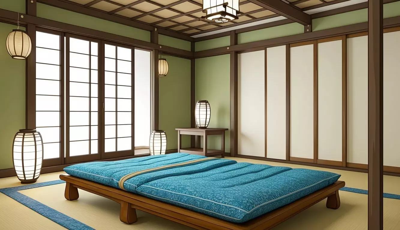 A cozy tatami room with a low wooden bed, adorned with a traditional Japanese futon mattress, surrounded by paper lanterns and sliding shoji doors