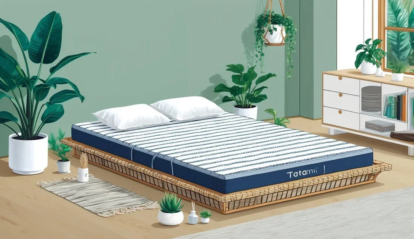 A serene bedroom with a tatami mattress made from sustainable materials, surrounded by eco-friendly decor and plants