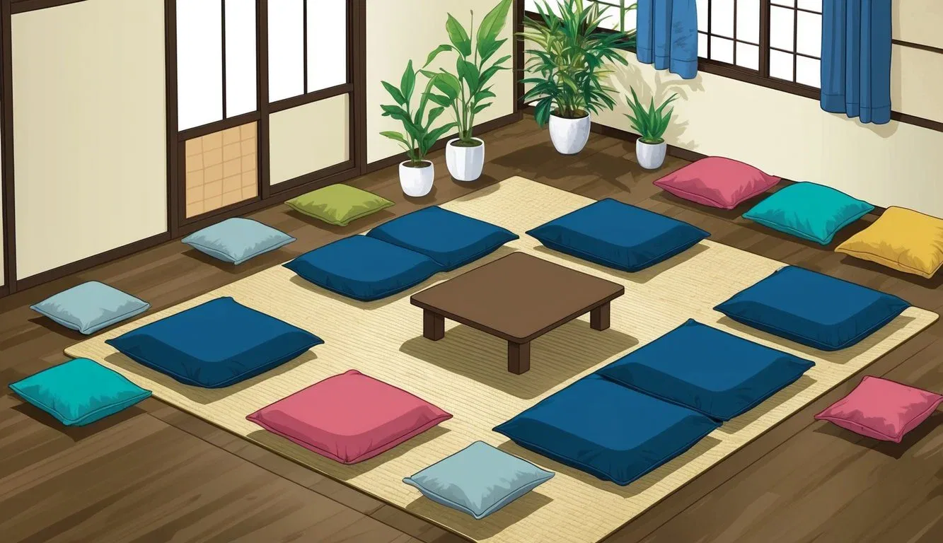 A cozy living room with a tatami mat floor, adorned with low tables and floor cushions. The space is versatile, with the option for sitting, lounging, or practicing yoga