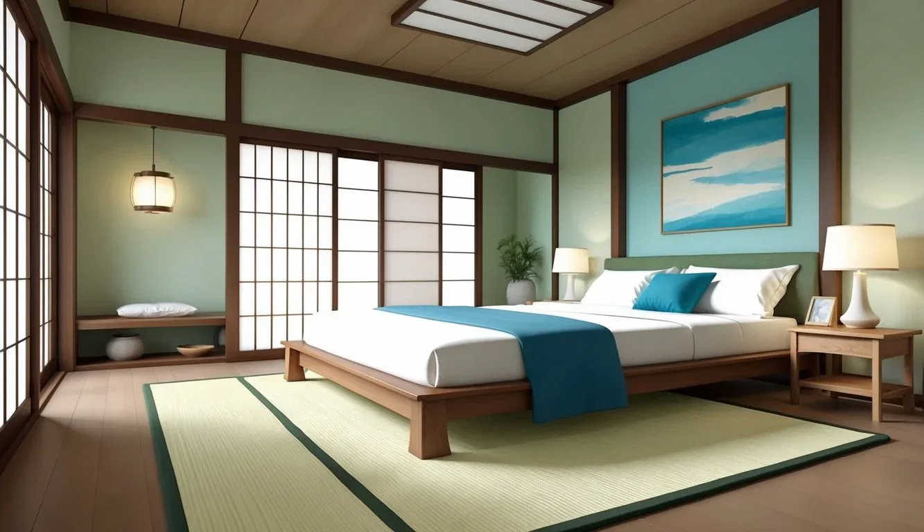 A serene bedroom with a low wooden bed frame topped with a tatami mattress, surrounded by Japanese-inspired decor and natural light filtering in through paper sliding doors
