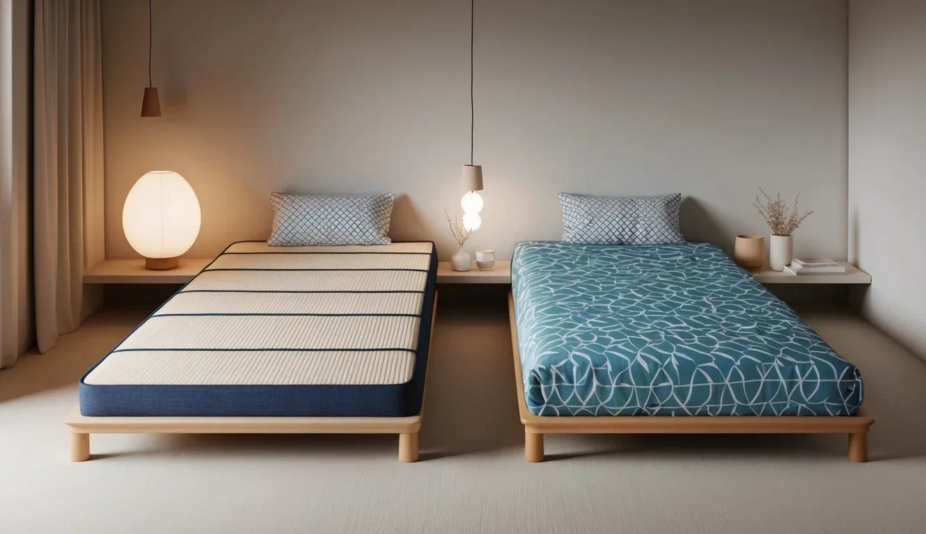 A cozy bedroom with two tatami mattresses side by side, one with a traditional design and the other with a modern pattern, surrounded by soft lighting and minimalistic decor
