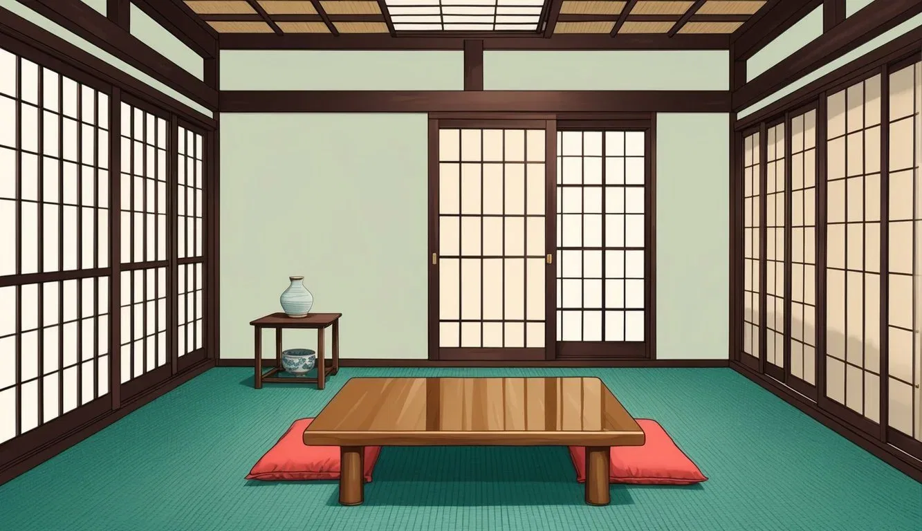 A traditional tatami mat room with a low wooden table and a futon mattress, surrounded by sliding paper doors and shoji screens