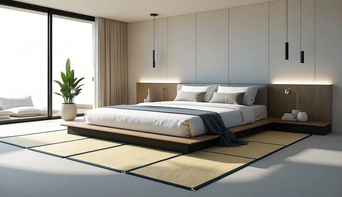 A modern bedroom with a low platform bed featuring a tatami mat mattress, surrounded by minimalist decor and natural lighting