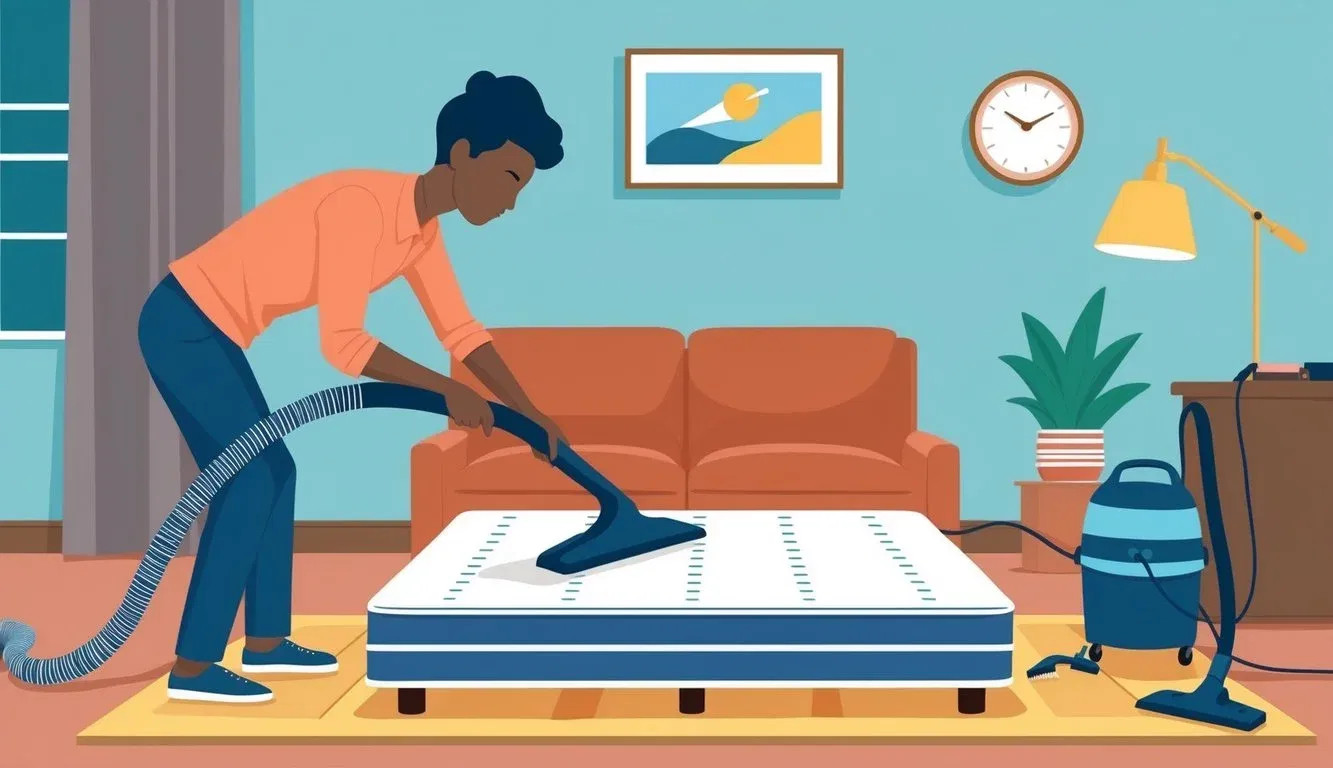 A person flipping a mattress to extend its lifespan, while vacuuming and spot cleaning to maintain its cleanliness