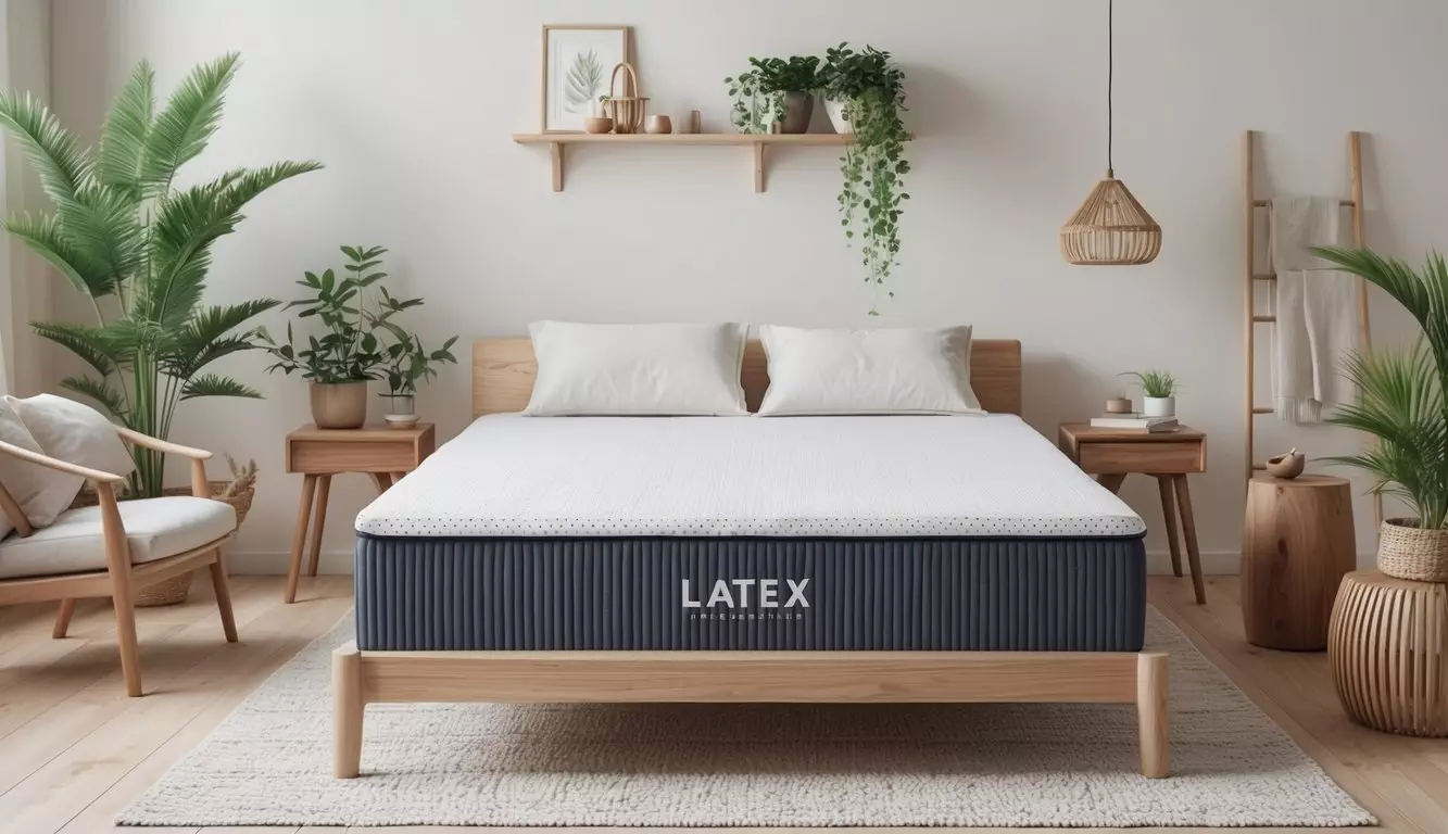 A serene bedroom with a latex mattress as the focal point, surrounded by natural elements like plants and wood furniture