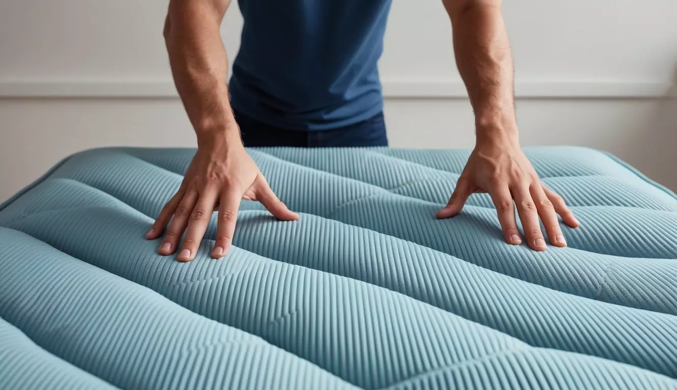 A person testing the firmness of a latex mattress by pressing down with both hands and examining the level of sinkage and support