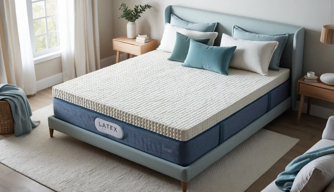 A serene bedroom setting with a luxuriously thick, supportive latex mattress as the focal point, surrounded by soft, inviting bedding and a peaceful ambiance
