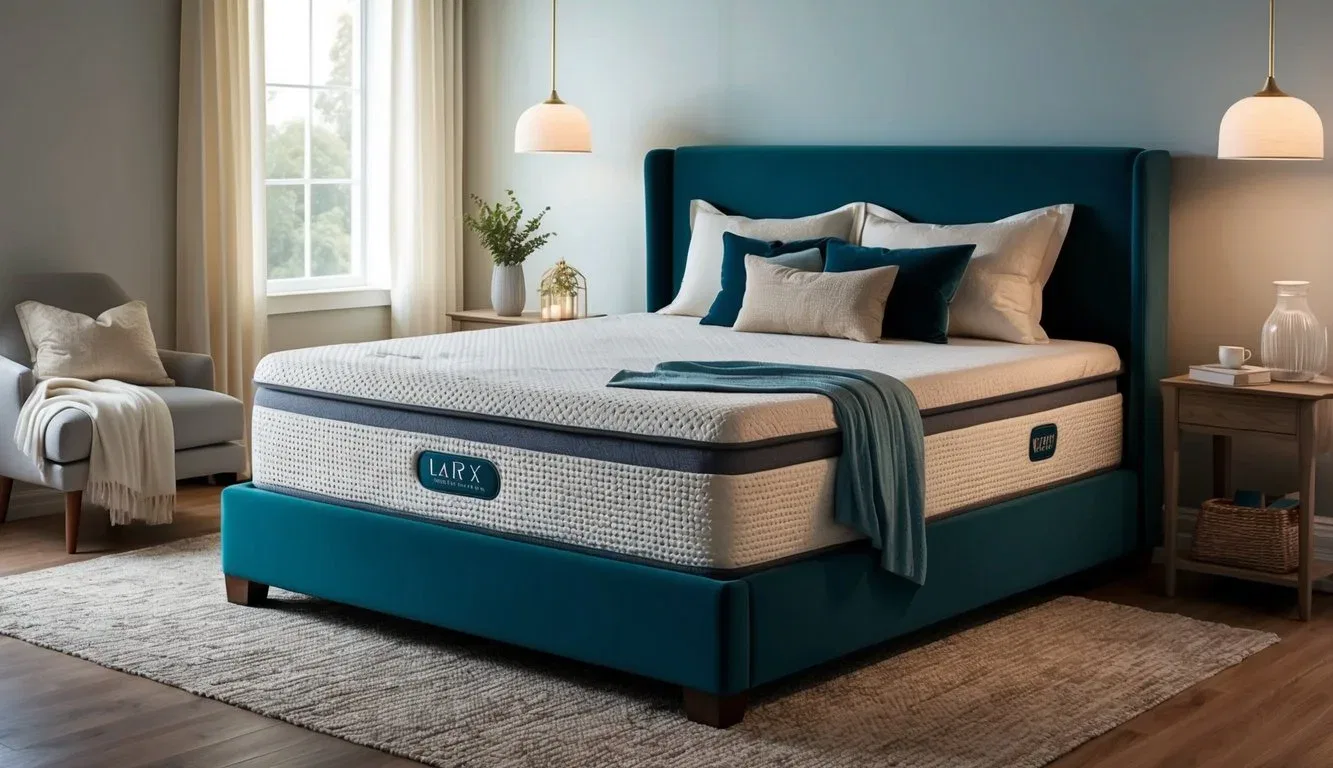 A serene bedroom with a luxurious latex mattress as the focal point, surrounded by soft lighting and cozy bedding