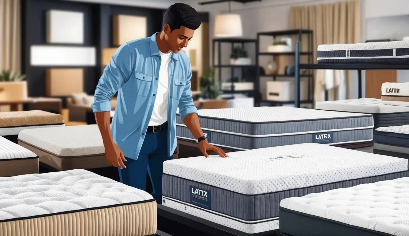 A person comparing different latex mattresses in a showroom, surrounded by various options and considering factors such as price, comfort, and durability
