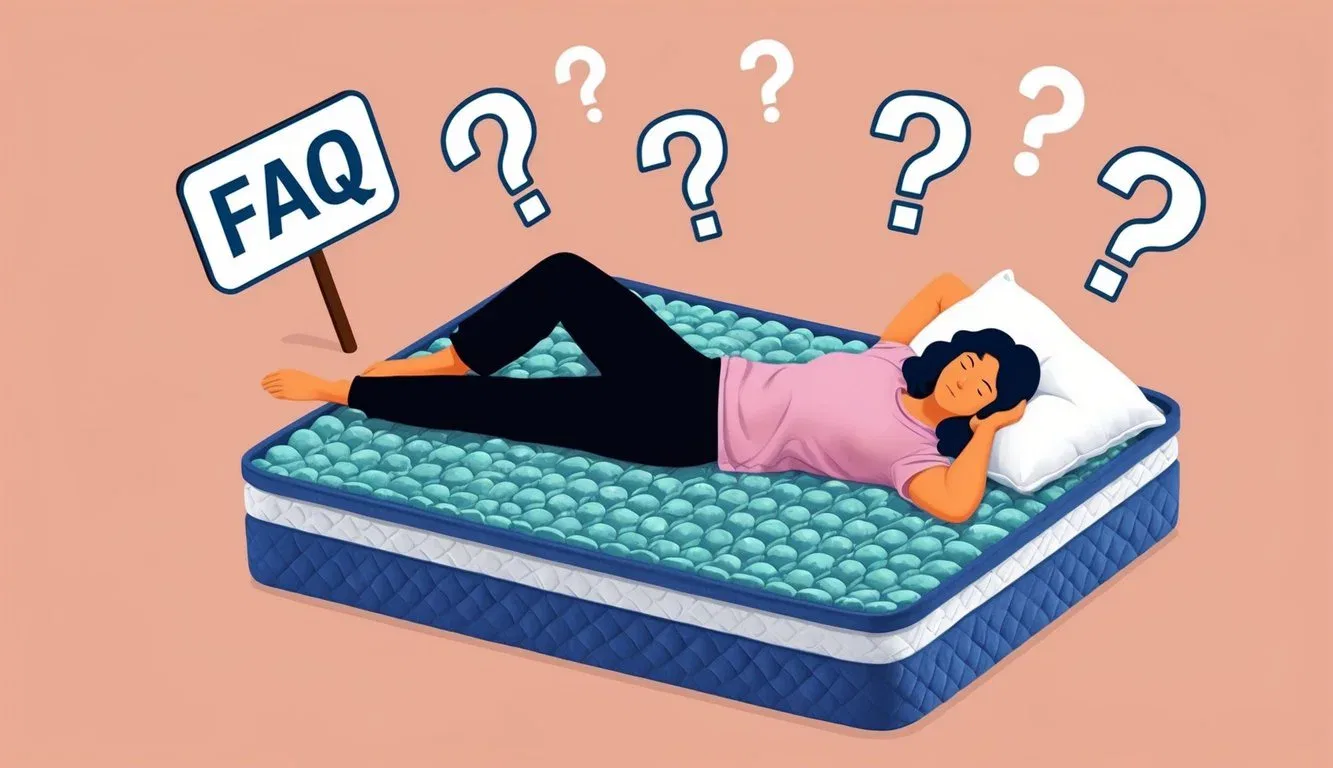 A person lying comfortably on a latex mattress, surrounded by question marks and a FAQ sign