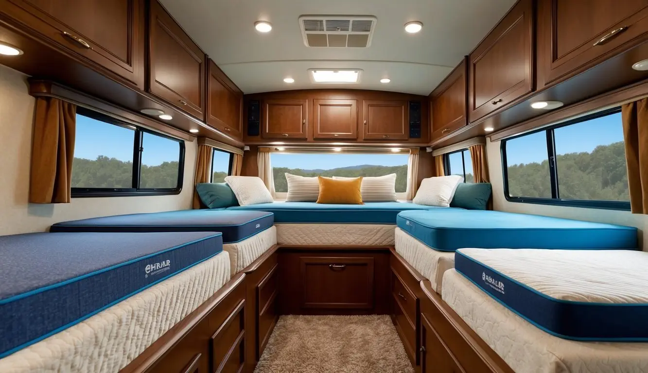 A cozy RV interior with various mattress sizes lined up for comparison