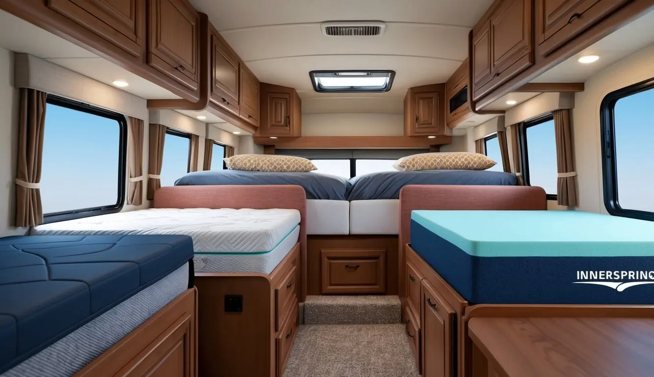 A cozy RV interior with a variety of mattresses, including memory foam, innerspring, and latex, catering to different sleep preferences