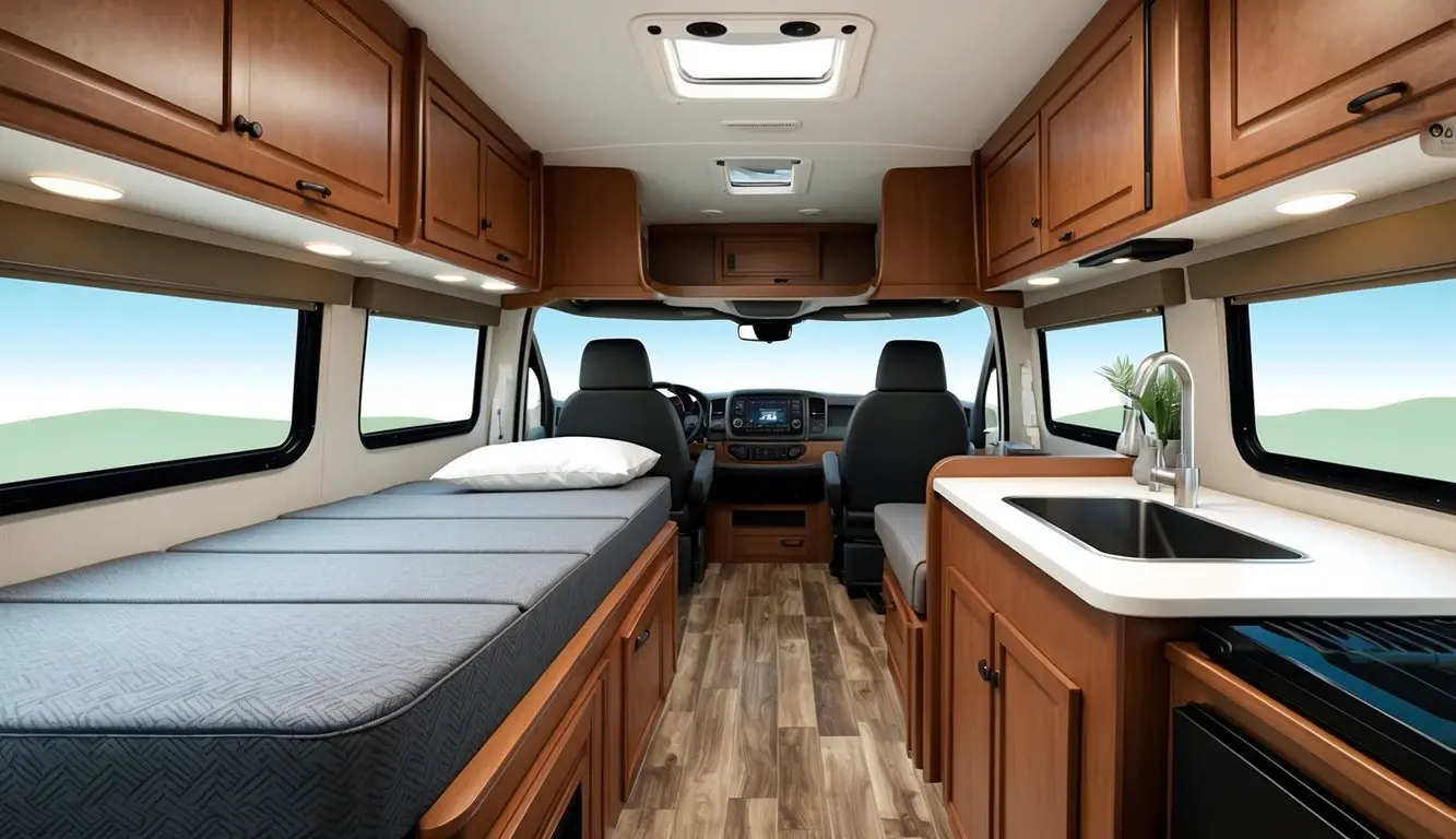 A cozy RV interior with a comfortable mattress, spacious layout, and storage compartments