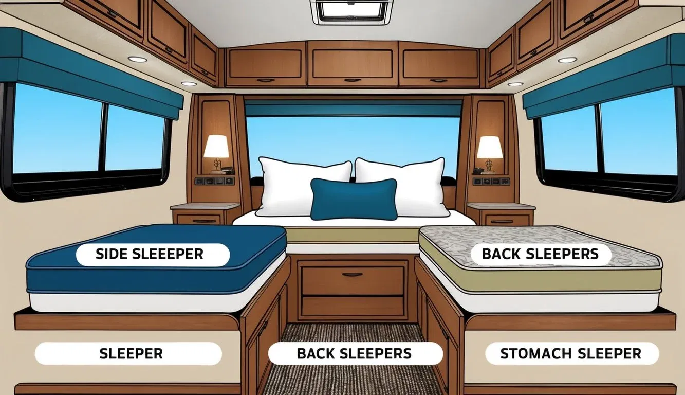 A cozy RV bedroom with various mattresses suited for different sleeper types, including side sleepers, back sleepers, and stomach sleepers