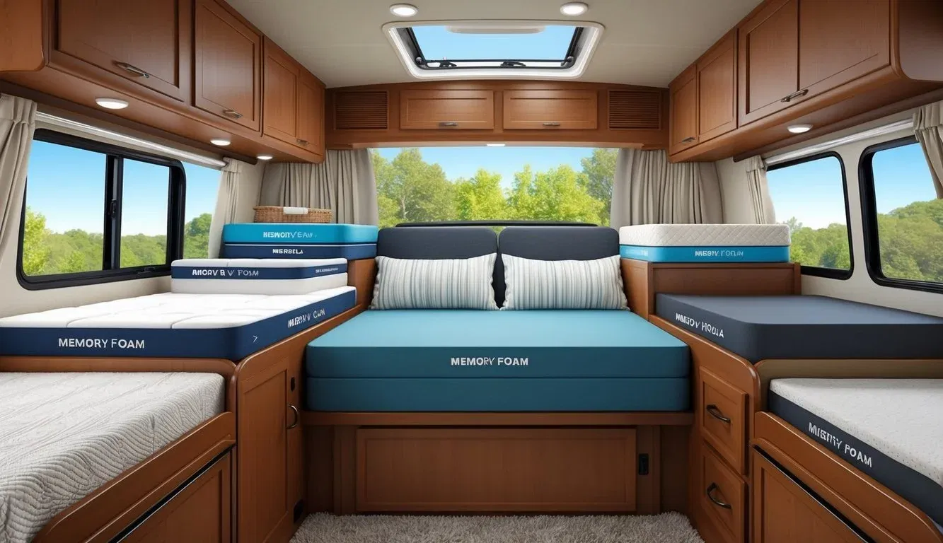 A cozy RV interior with various mattress options, including memory foam, in different sizes and firmness levels to cater to different requirements