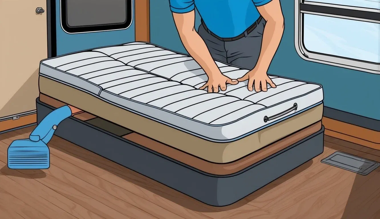 A person flipping and rotating an RV mattress for maintenance