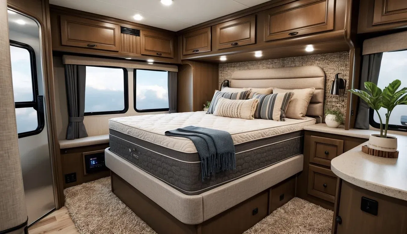 A cozy RV bedroom with a comfortable, luxurious mattress as the focal point. The mattress is adorned with high-quality bedding and surrounded by stylish decor