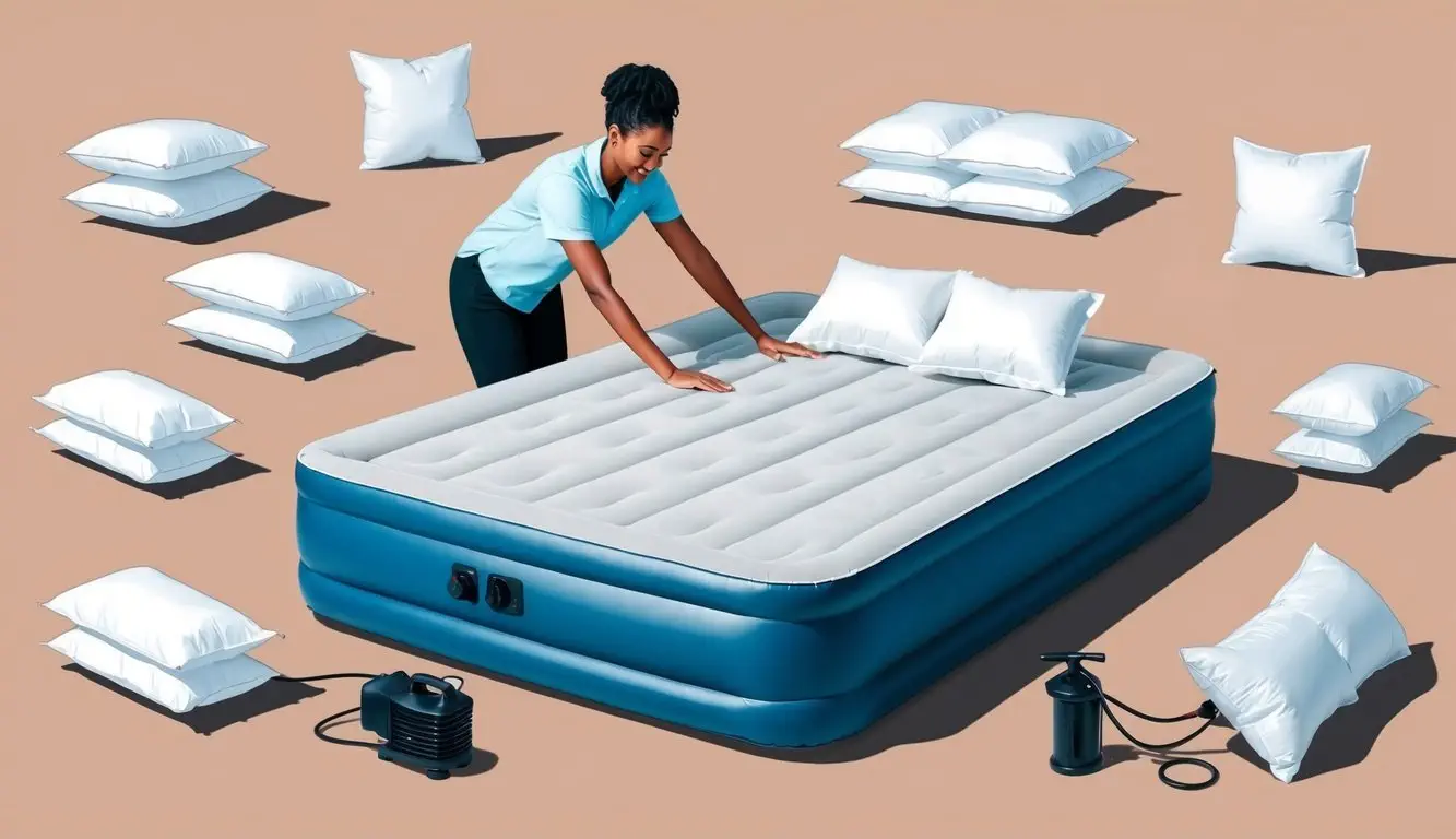 An air mattress surrounded by various options of sheets, pillows, and pump, with a person testing the firmness and comfort