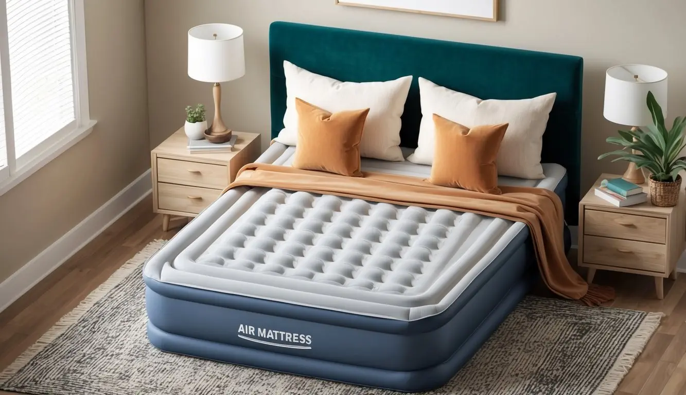 A cozy bedroom with a neatly made bed featuring a top-rated air mattress, surrounded by soft pillows and a warm blanket