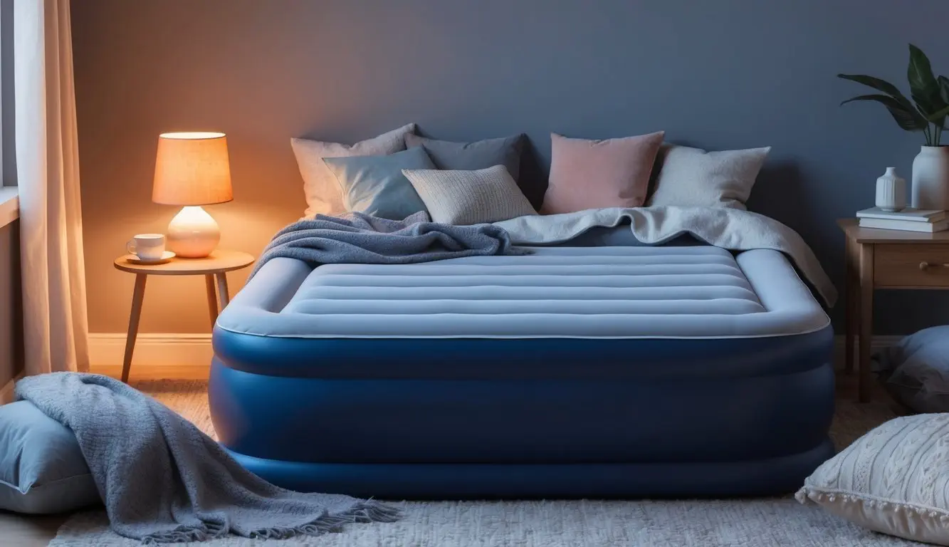 A cozy bedroom with a plush air mattress, surrounded by soft pillows and blankets, with a warm glow from a bedside lamp