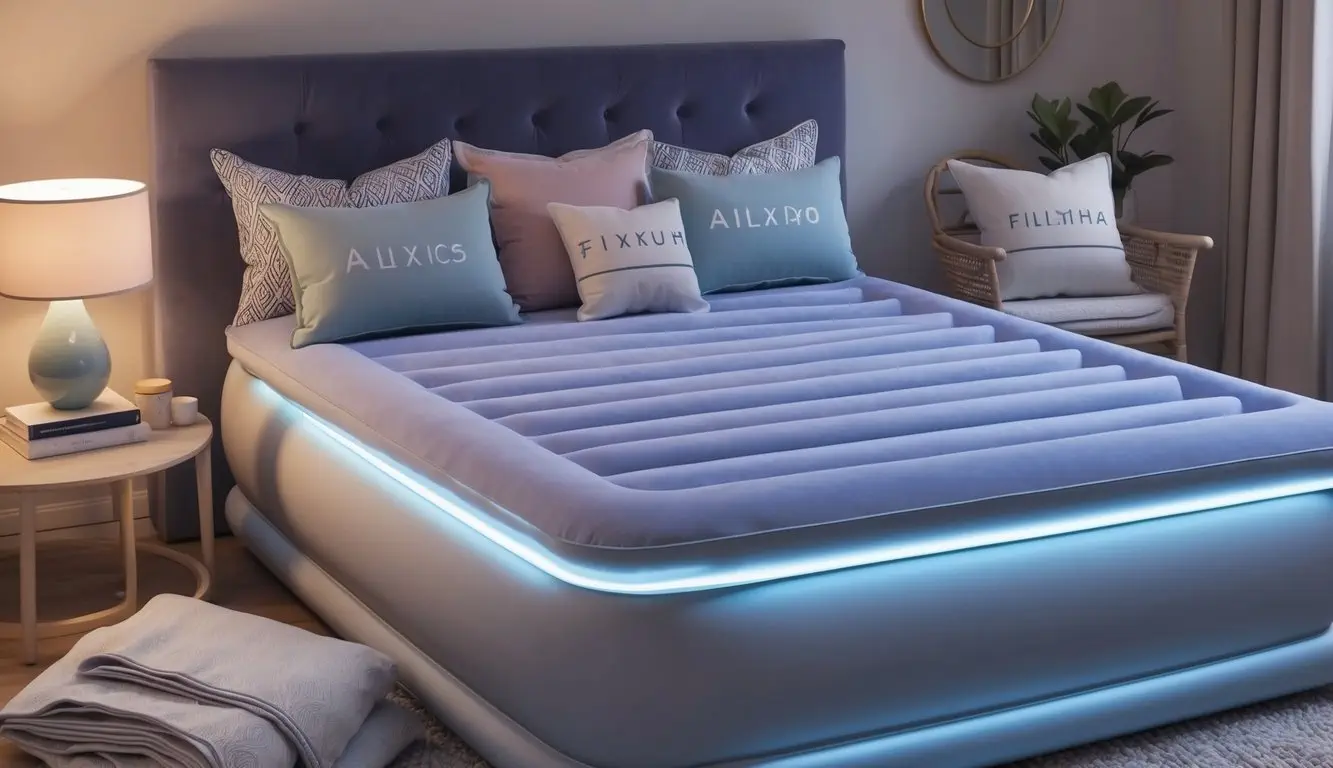 A cozy bedroom with a luxurious air mattress as the focal point, surrounded by branded pillows and blankets, with soft lighting and a serene ambiance