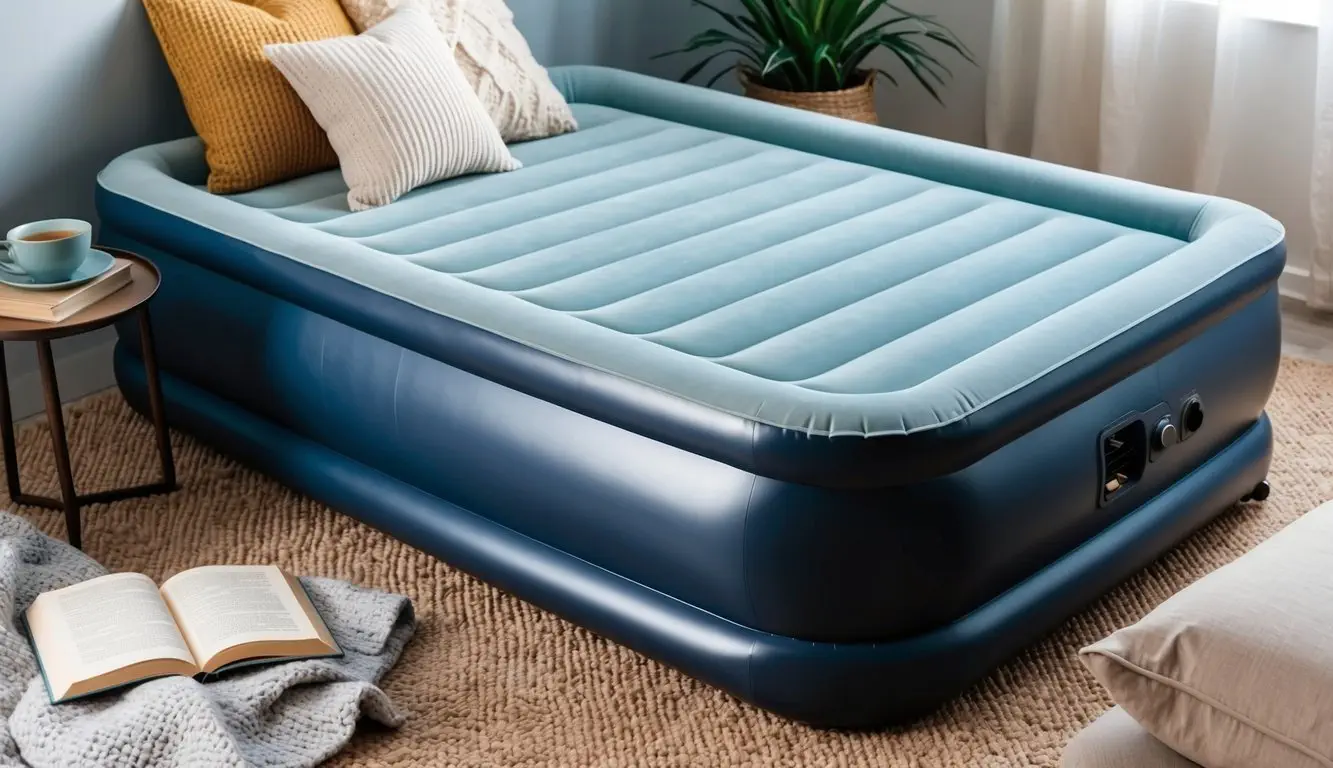 An air mattress with a built-in pump, surrounded by pillows and a cozy blanket. A small table nearby holds a book and a cup of tea