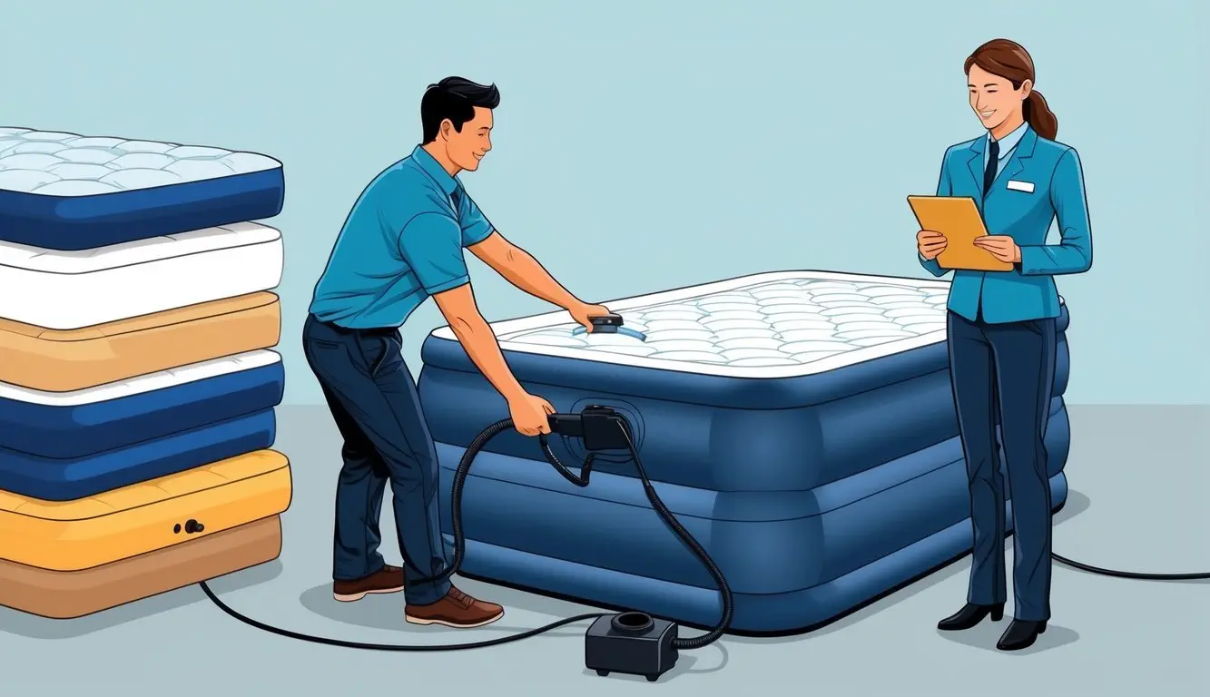 A person inflating an air mattress with a pump, surrounded by a stack of mattresses and a customer service representative assisting with a warranty claim