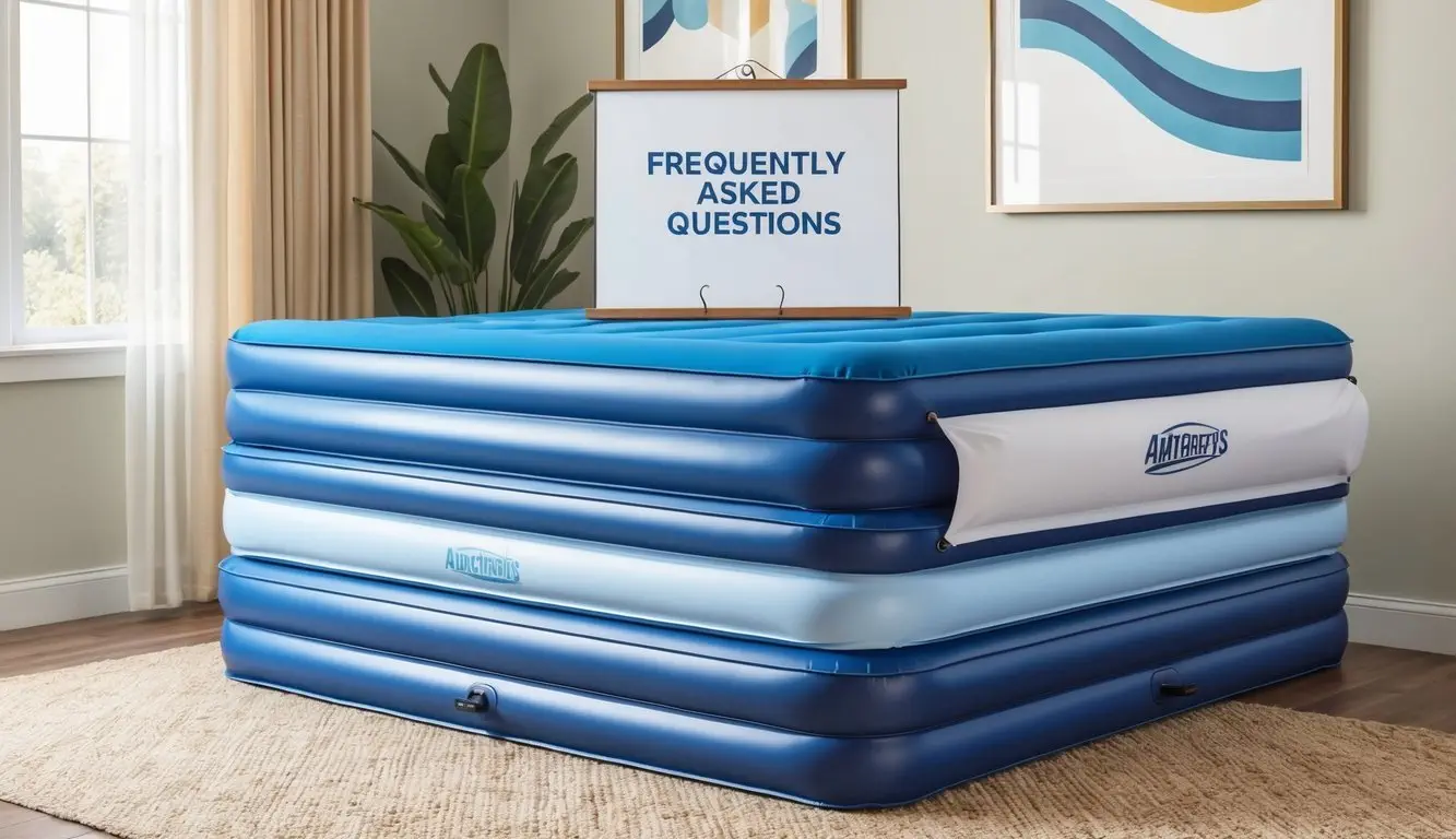 A stack of air mattresses with a sign reading 