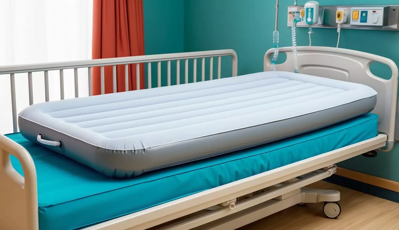 An air mattress inflated on a hospital bed, with a durable and waterproof cover, designed to provide comfort and support for patients