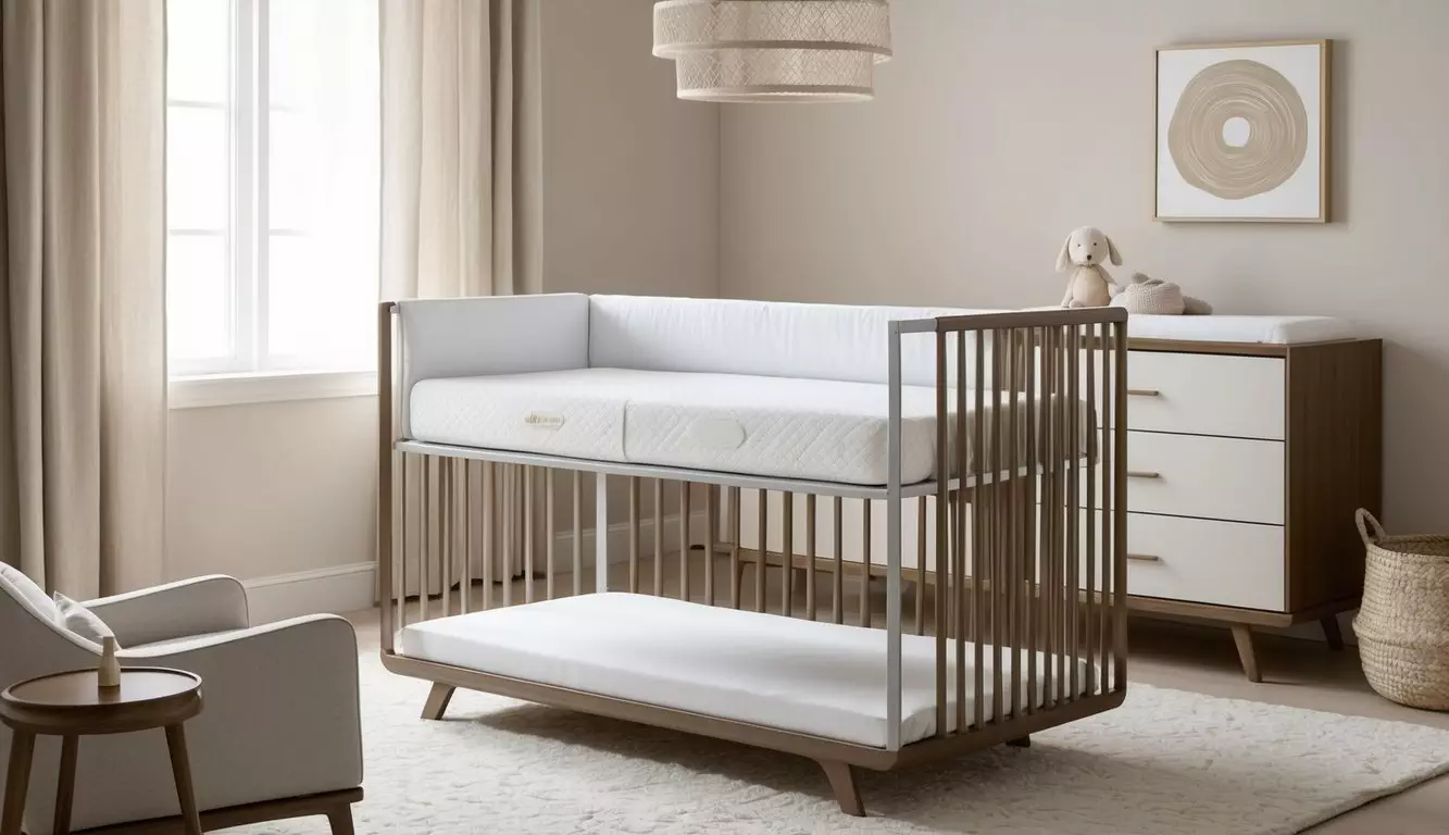 A cozy nursery with a Newton Baby crib mattress showcased on a sleek, modern crib frame. Soft lighting and neutral colors create a soothing atmosphere