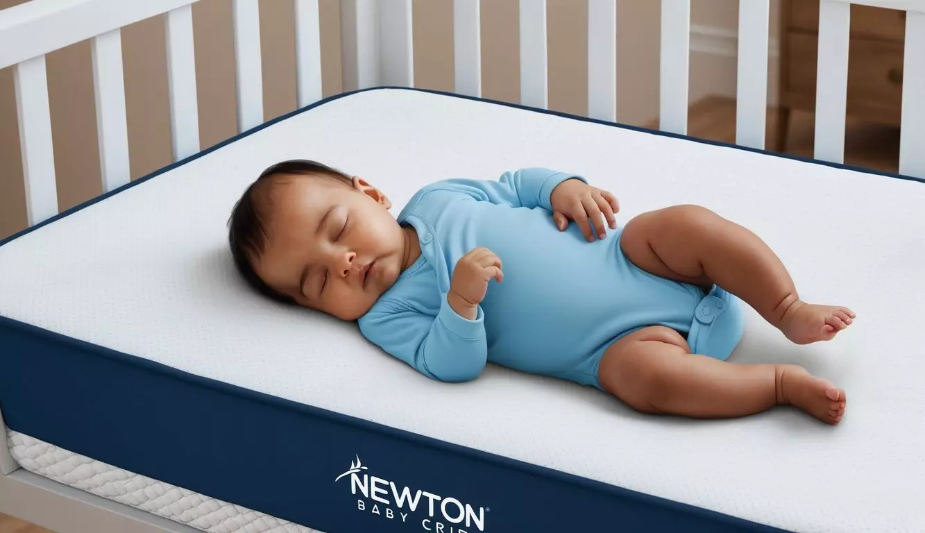 A baby peacefully sleeping on a Newton Baby Crib Mattress, surrounded by a soft, breathable fabric and supported by the innovative Wovenaire core