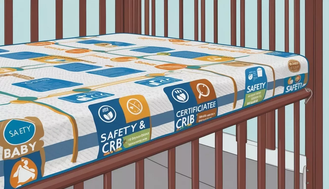 A baby crib mattress with safety and certification symbols displayed prominently