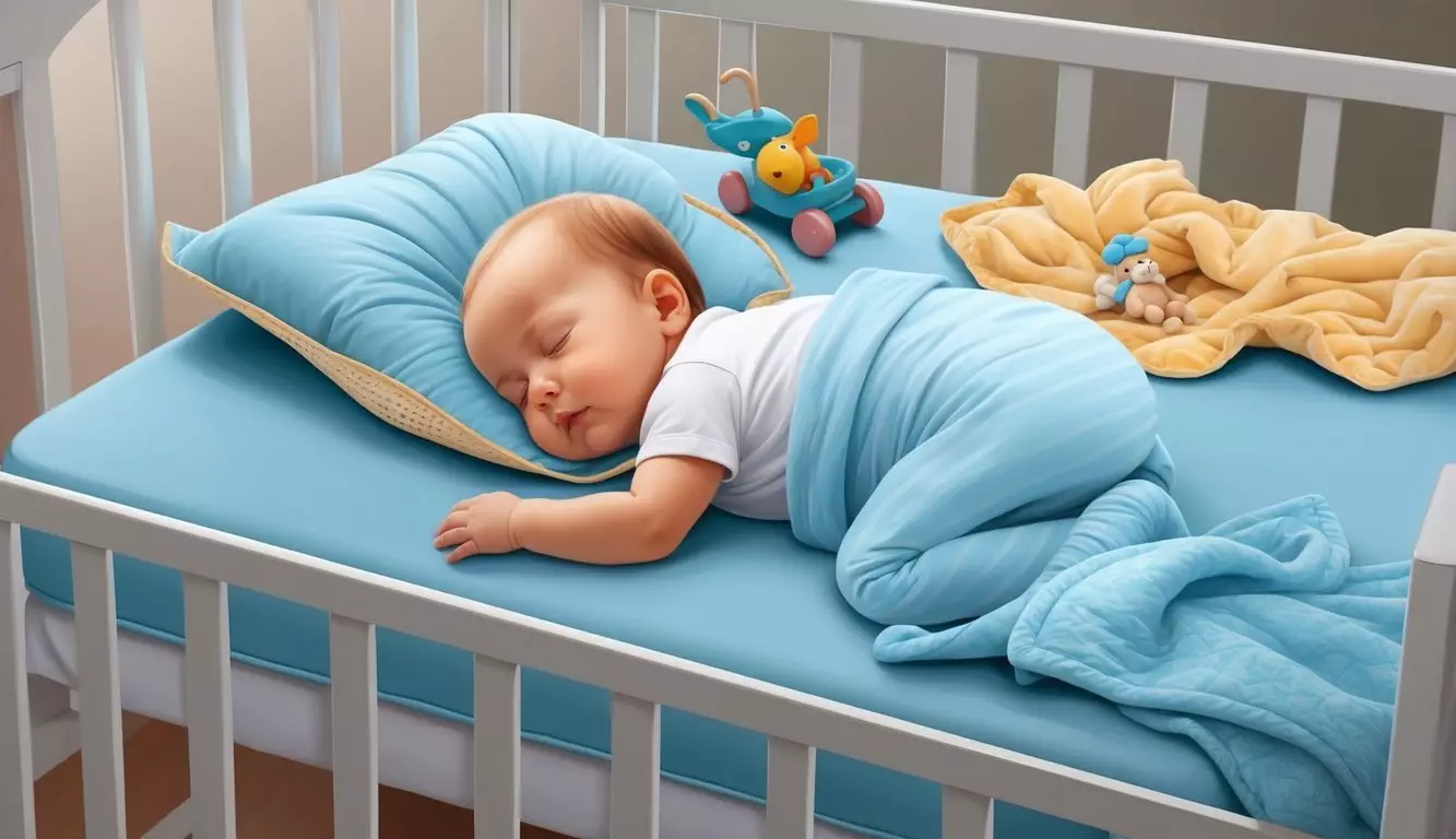 A baby peacefully sleeping on a Newton crib mattress, surrounded by soft blankets and toys