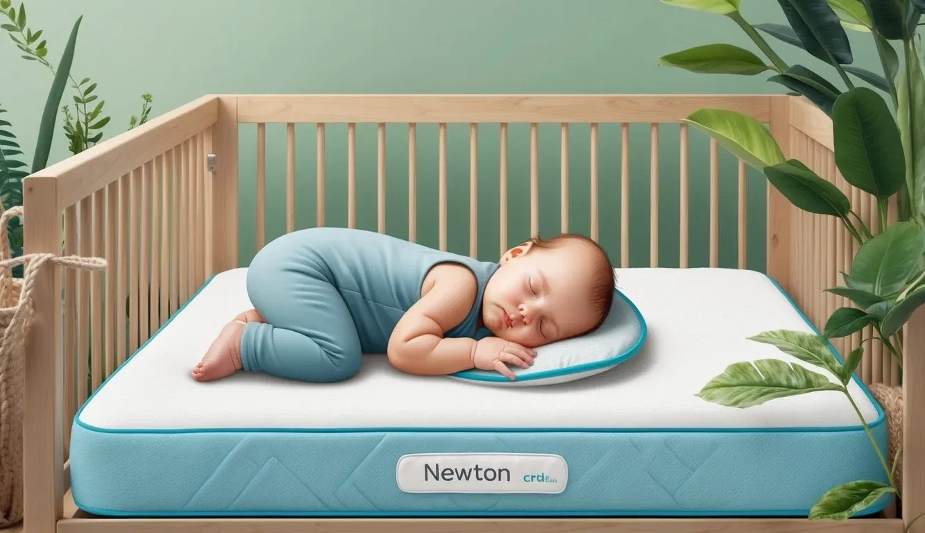 A baby peacefully sleeping on a Newton crib mattress surrounded by a natural and eco-friendly nursery environment