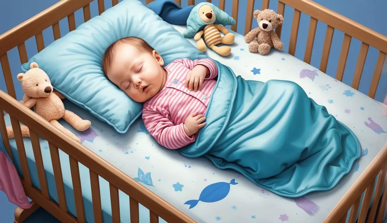 A baby peacefully sleeping on a Newton crib mattress, surrounded by soft blankets and stuffed animals