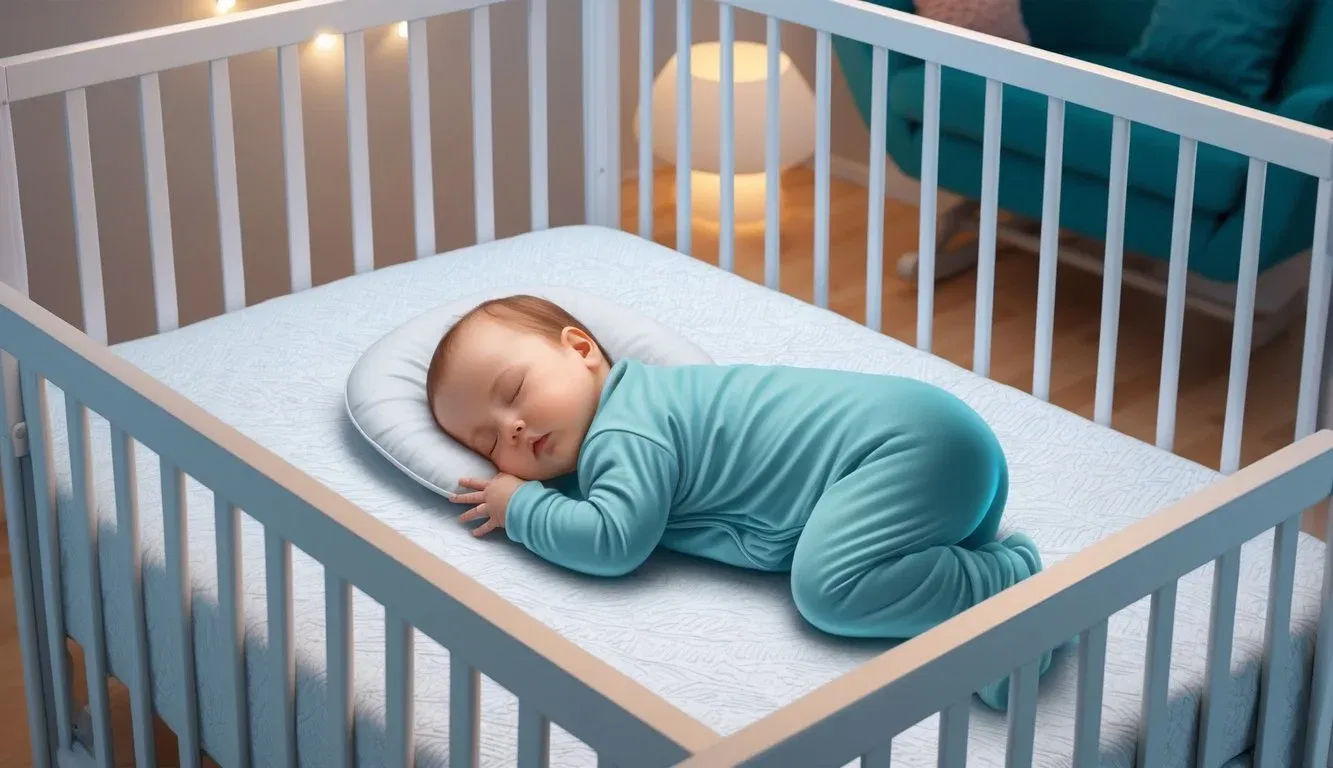 A baby peacefully sleeping on a Newton crib mattress, surrounded by a cozy nursery with soft lighting and soothing decor