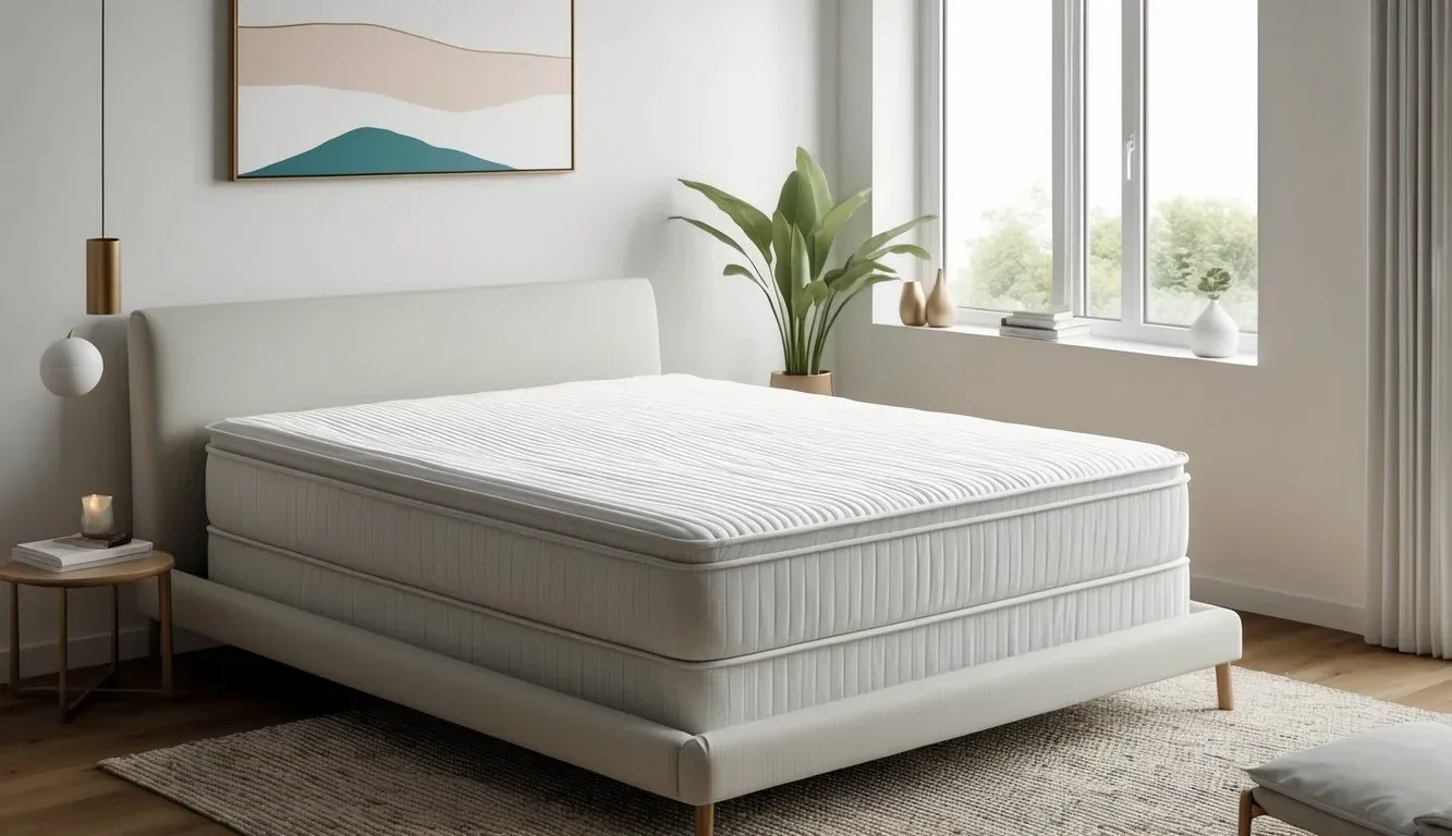 A bedroom with a neatly made bed featuring a firm mattress, surrounded by minimalistic decor and natural light streaming in through the window