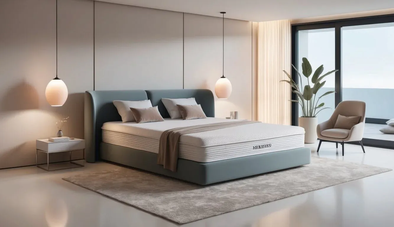 A serene bedroom with a sleek, modern firm mattress surrounded by minimalist decor and soft, neutral lighting