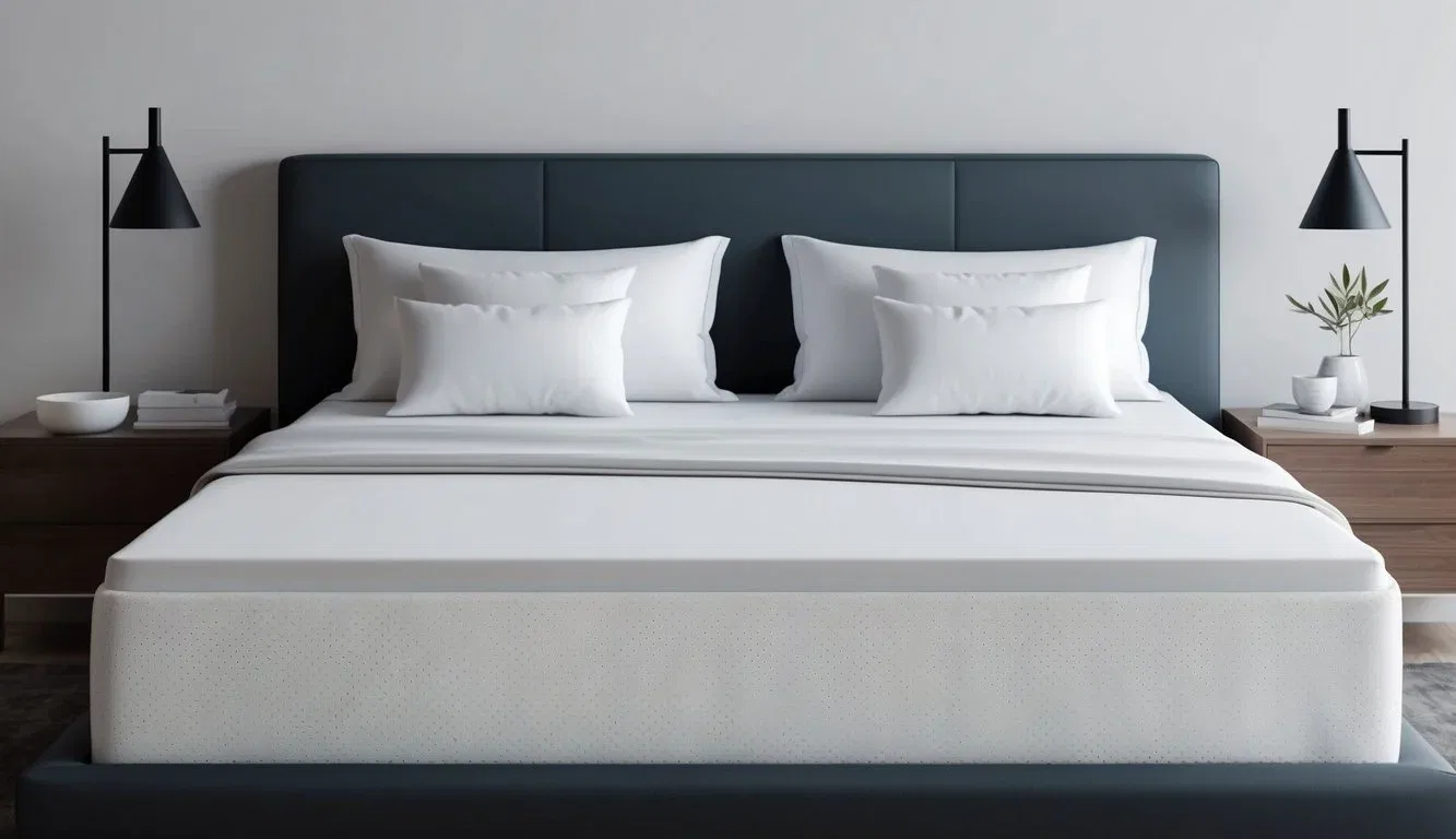 A sleek, modern bedroom with a perfectly made bed showcasing a firm mattress, adorned with crisp, white linens and plump pillows